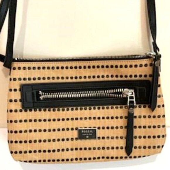 Fossil Dawson Crossbody Purse Handbag Tan & Black Adjustable Strap - Picture 1 of 6